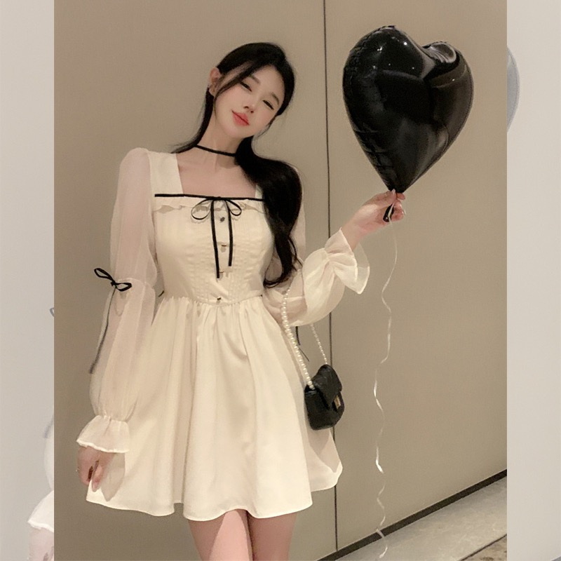 girl beige dress women cute dress korean style girl dress long sleeve evening dress dinner parti elegant long sleeve formal dress