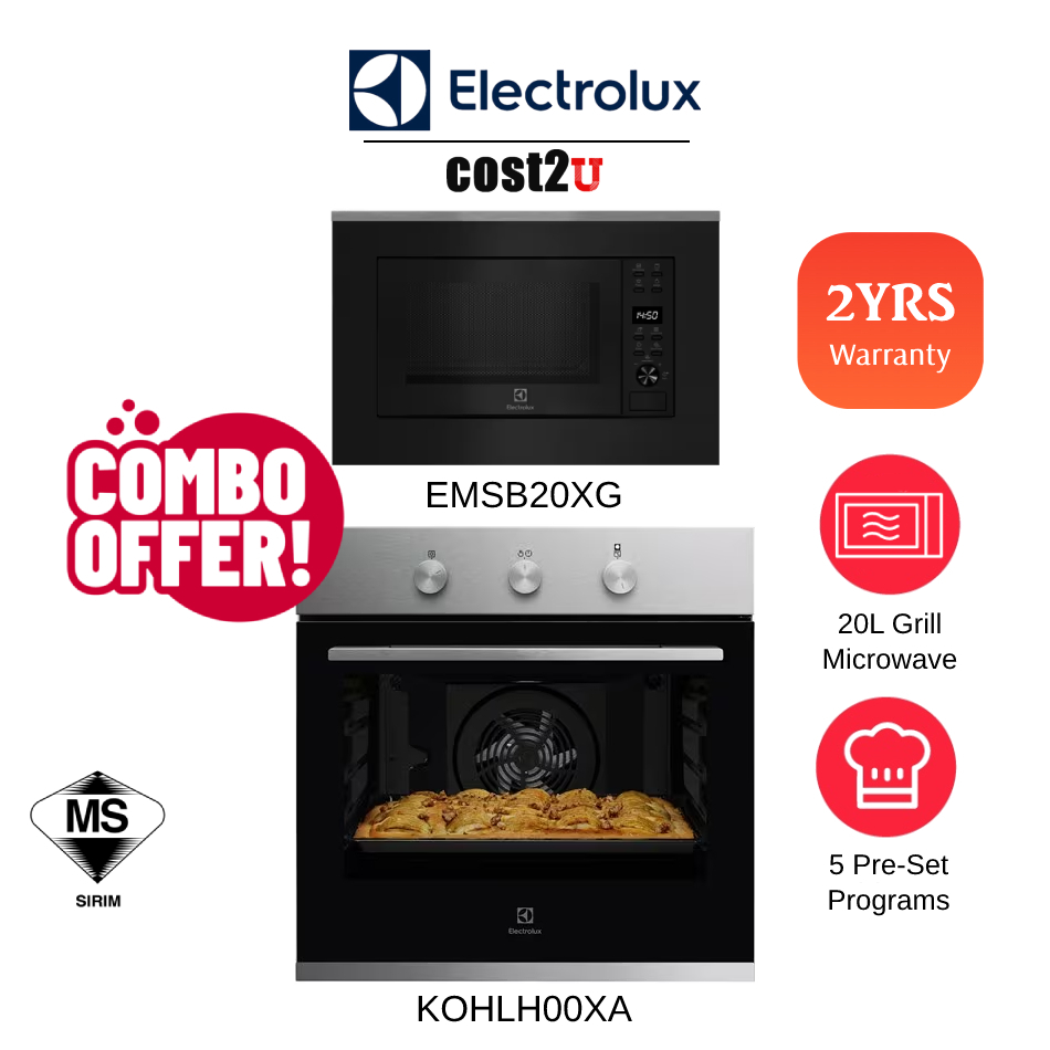 Electrolux Combo Built-in Oven & Microwave Package | 60cm 68L Oven KOHLH00XA & 20L Grill Microwave EMSB20XG Oven Murah