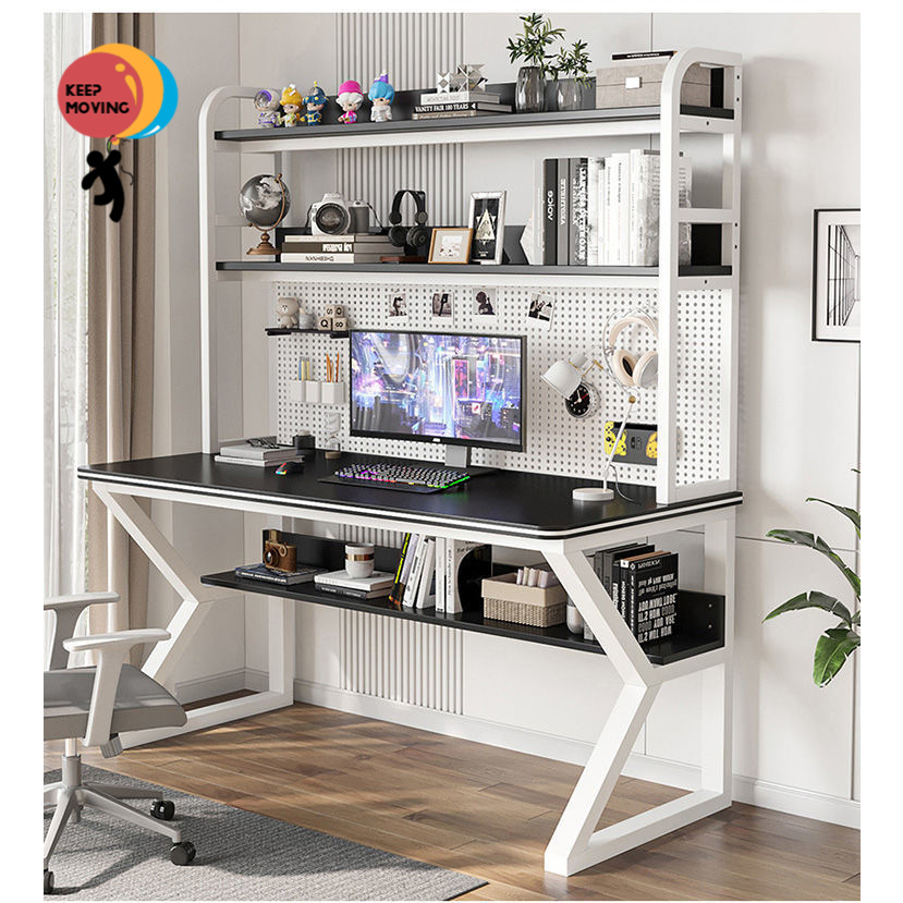 Office Computer Desk With Perforated Board Book Shelf Dual Tier Writing Desk Table Meja Komputer Pegboard FREE Accessori