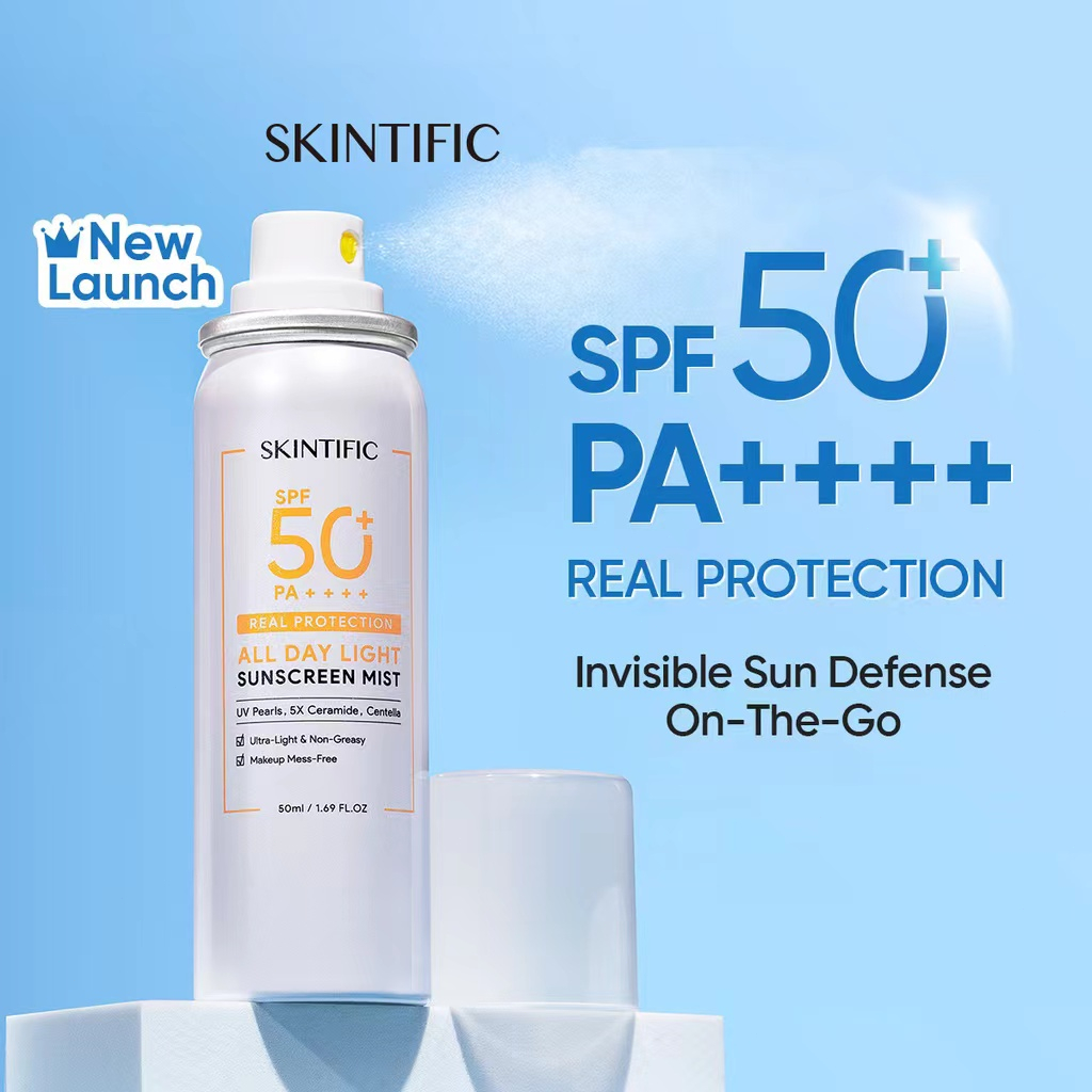 SKINTIFIC All Day Light Sunscreen Mist SPF50 PA++++ Whitening Sunblock Spray Anti UV Face/Body Spray 50ml