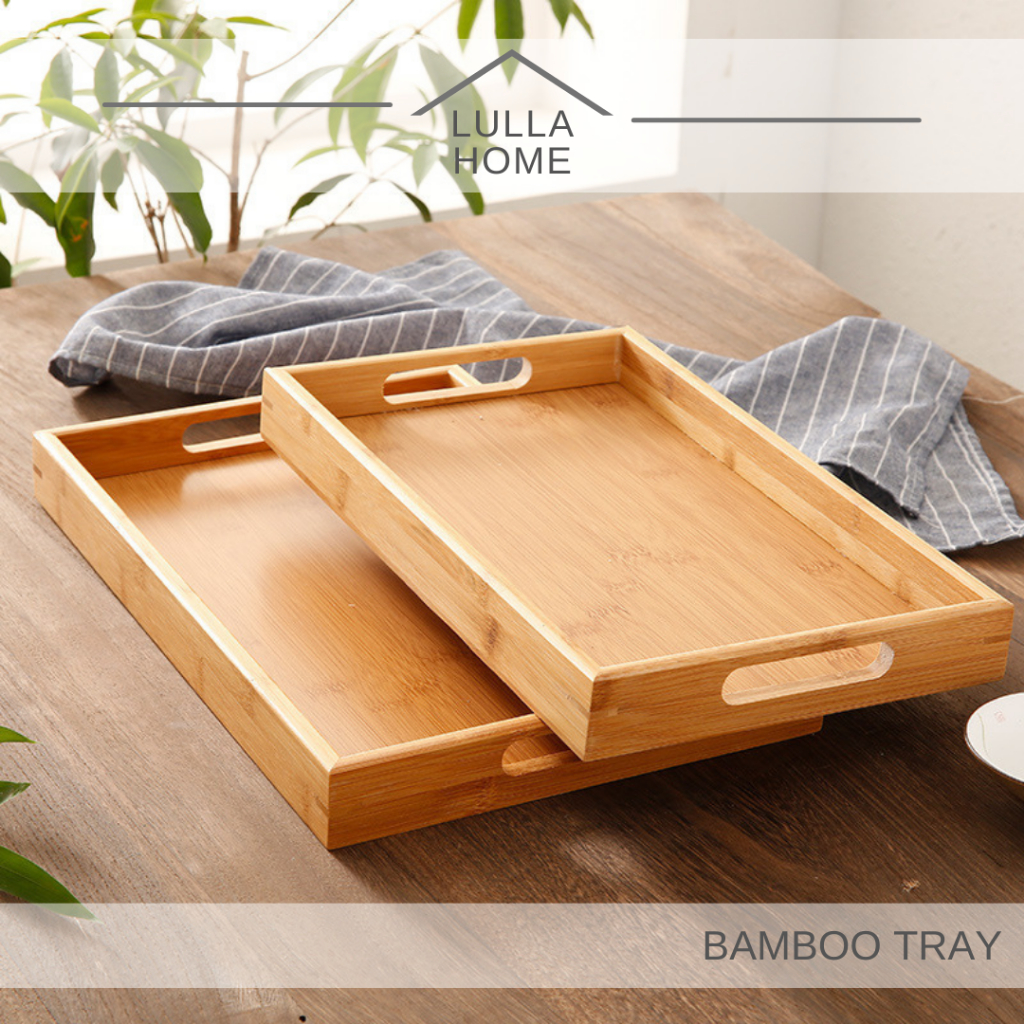 LullaHome Bamboo Tray Rectangle Serving Tea Tray Fruit Plate Wood Platter Food Tray Breakfast in Bed Lunch Party