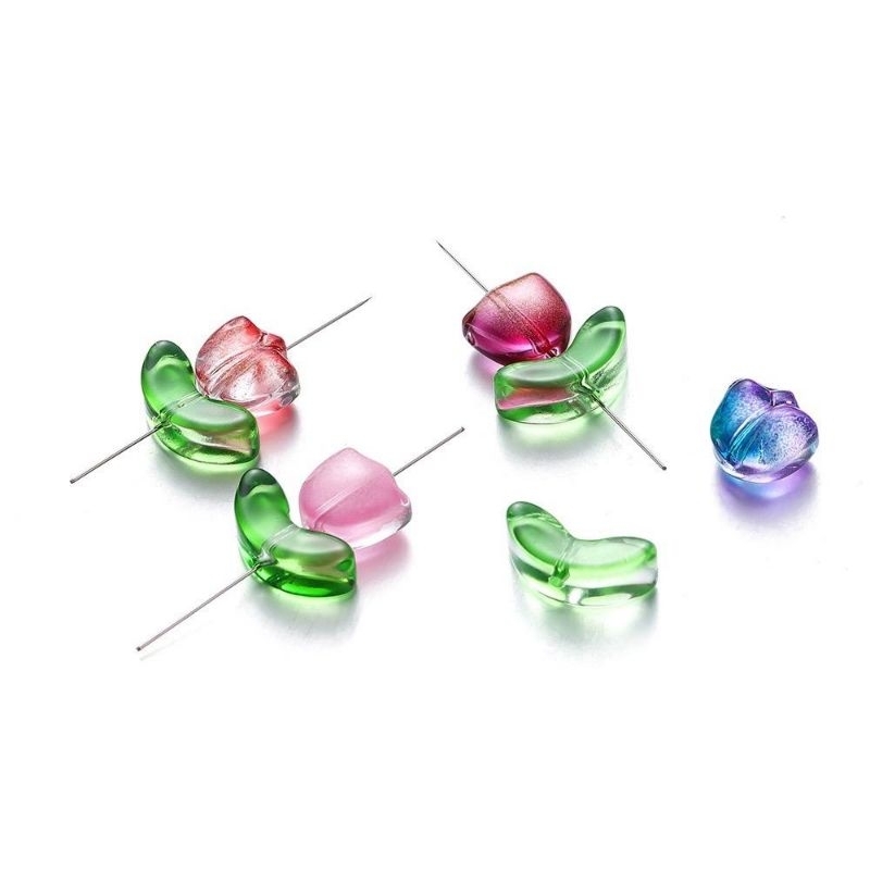 (Ready Stock) 4pcs Glass Flower Red Blue Pink Beads Accessories DIY Handicraft Jewellery Cute Handmade Bead Bunga