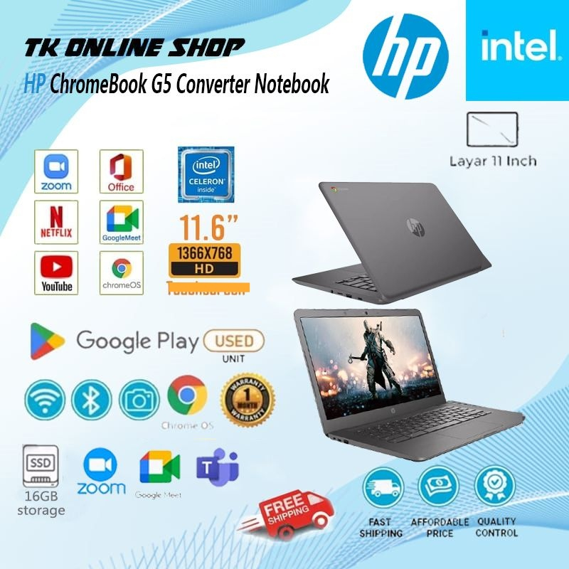 HP Chromebook 11 G5/G6 ( Play Store) - Intel Celeron N3160 / 4GB RAM + 16GB SSD Convertible Notebook