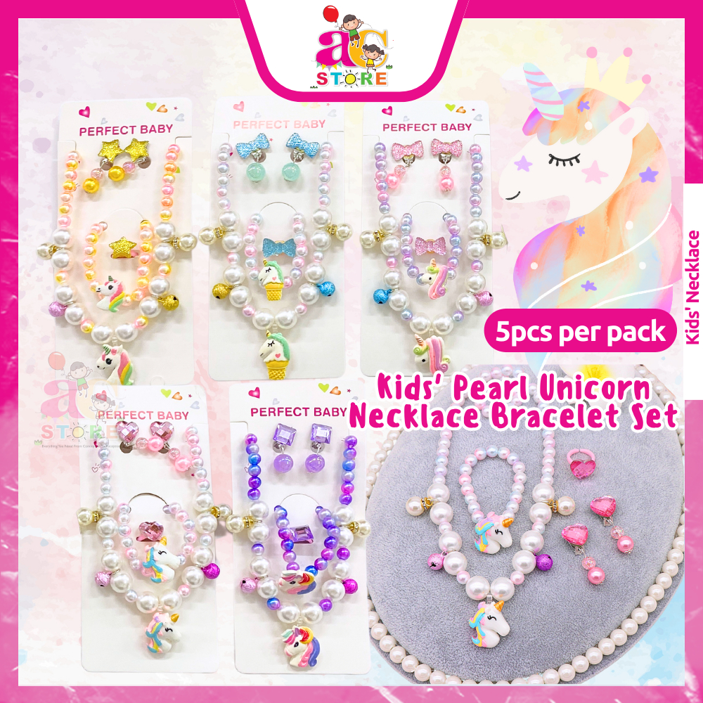 AC-(5pcs/set)Unicorn Pearl Necklace Earrings Rings Set Girl Children Kid Jewelry Rantai Set Budak Birthday Hadiah Gift