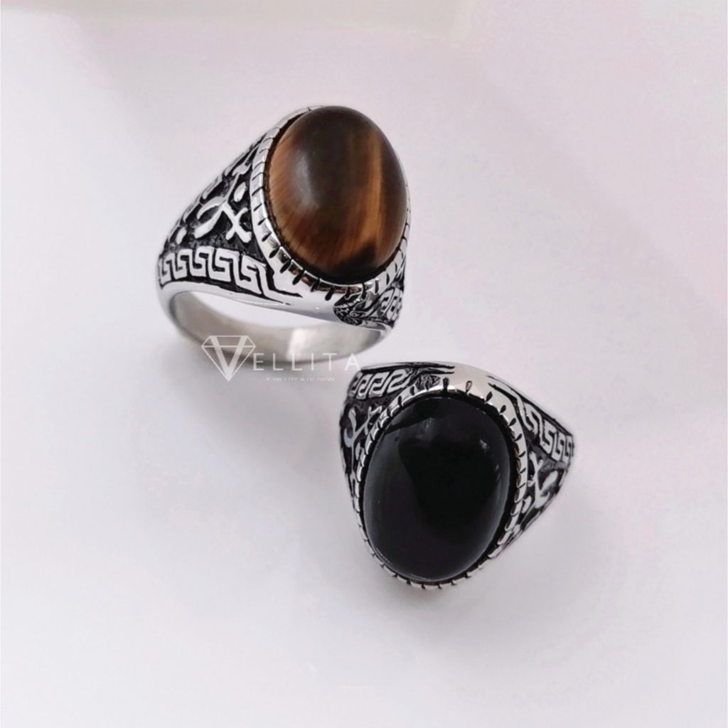 [VELLITA]316L Steel "Obsidian/Tiger Eye's" Gemstone Men's Ring Anti-Fade Steel Ring