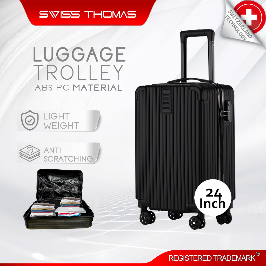 Swiss Thomas 24" Scratch Resistant Luggage Trolley Bagasi Besar Durable ABS PC Material 24 Inch Suitcase Plain Colo