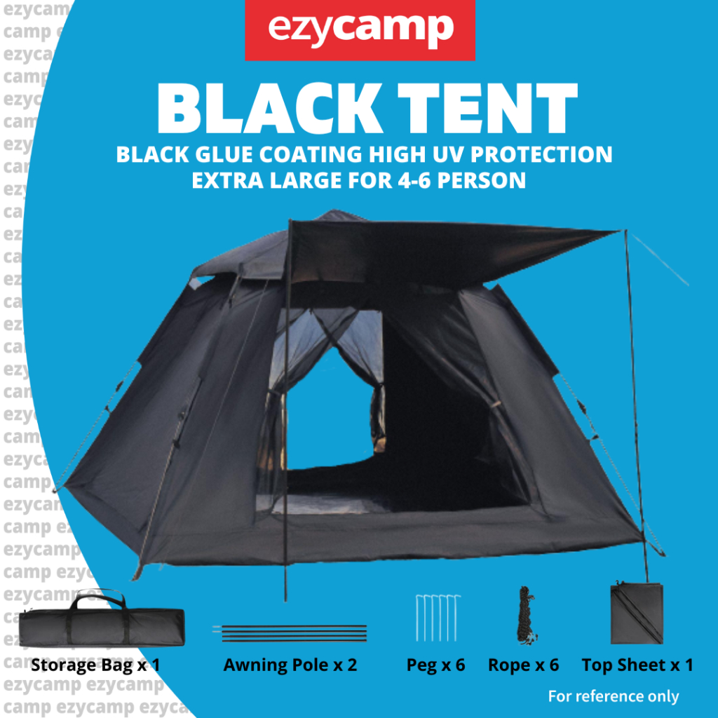 Black tent khemah camping hitam large family awning tent UV protection waterproof outdoor hiking campsite equipment