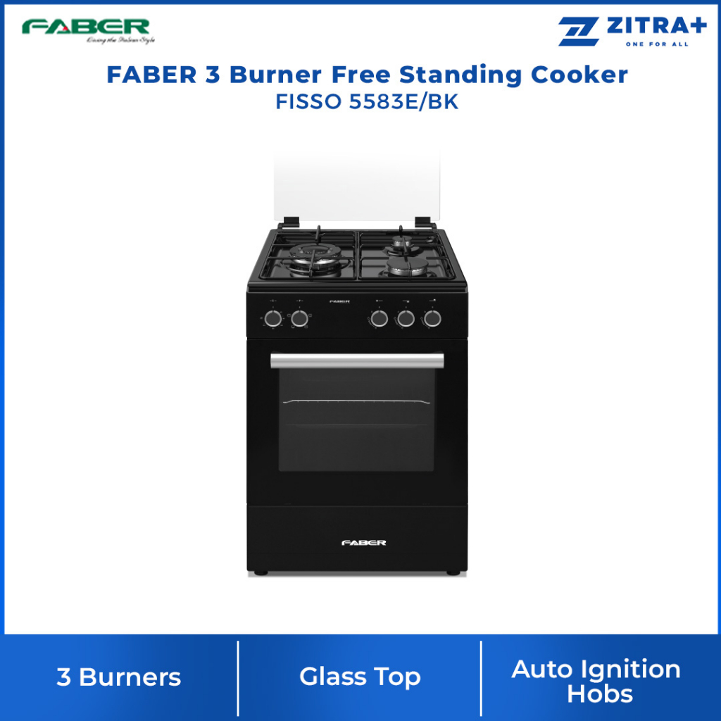 FABER 3 Burner Free Standing Cooker FISSO 5583E/BK | Full Electric Oven with 5 Functions | Auto ignition Hobs