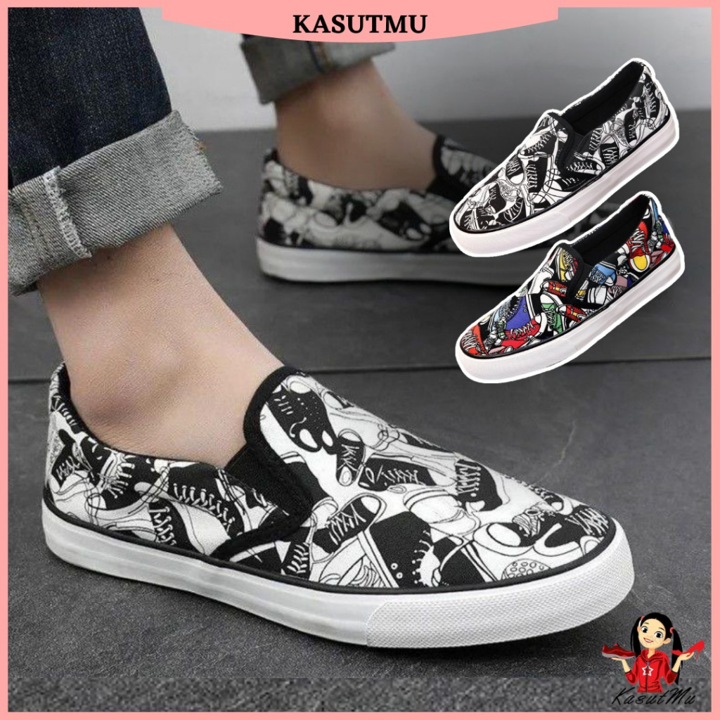 KASUTMU Plus Size Men Canvas Shoes Casual Slip On Sneakers Kasut Lelaki Kasut Trendy Sport Ringan Ready Stock