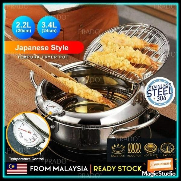 Tempura Fryer Japanese Deep Fryer Cooker SUS 304 with Thermometer Pan Temperature Control Fried Chicken Pot