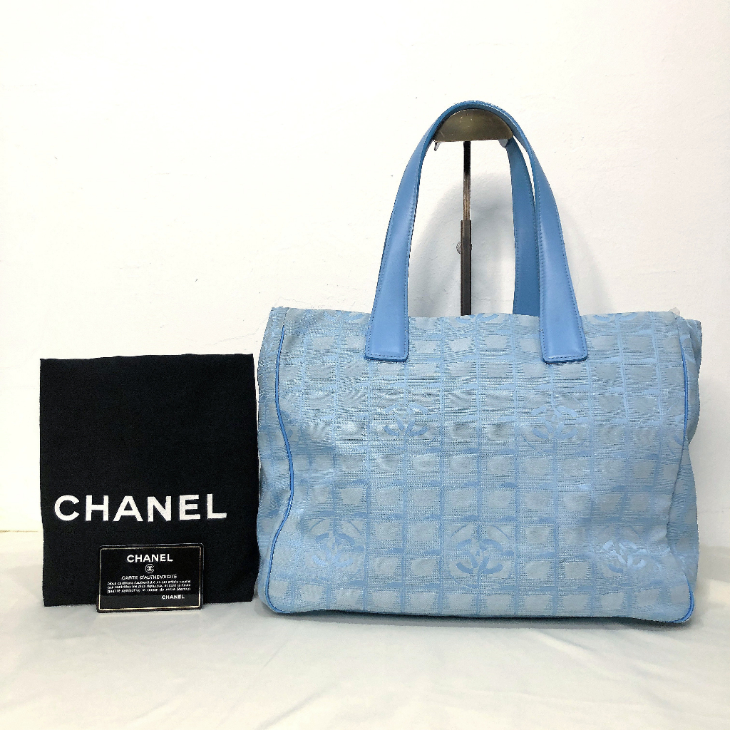CHANEL Baby Blue Jacquard Travel Line Canvas Tote Bag