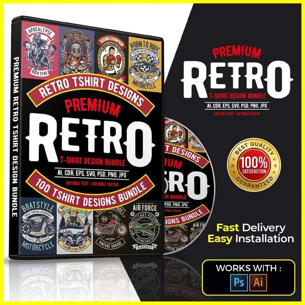 100 Retro Tshirt Designs Bundle [ AI, CDR, EPS, SVG, PSD, PNG, JPG ] | T-shirt Template