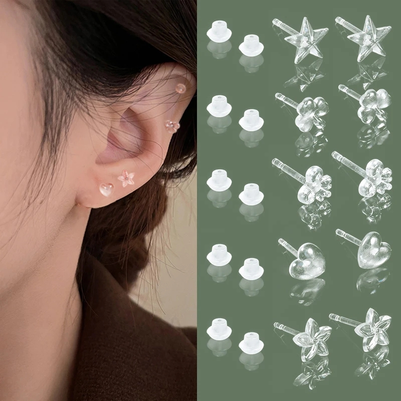 【' 】Resin Star Heart Clover Stud Earring Hypoallergenic Simple Plastic Earring Wearable Curing Piercing