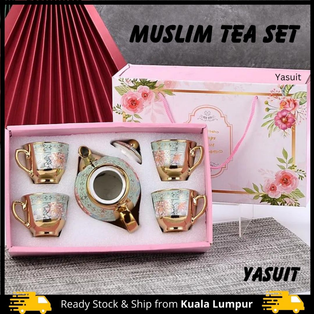 Tea Set Malay Muslim Raya Coffee Teapot Cup Print Floral Europe Ceramic Tea pot Pot Giftset Gift Set Ready Stock