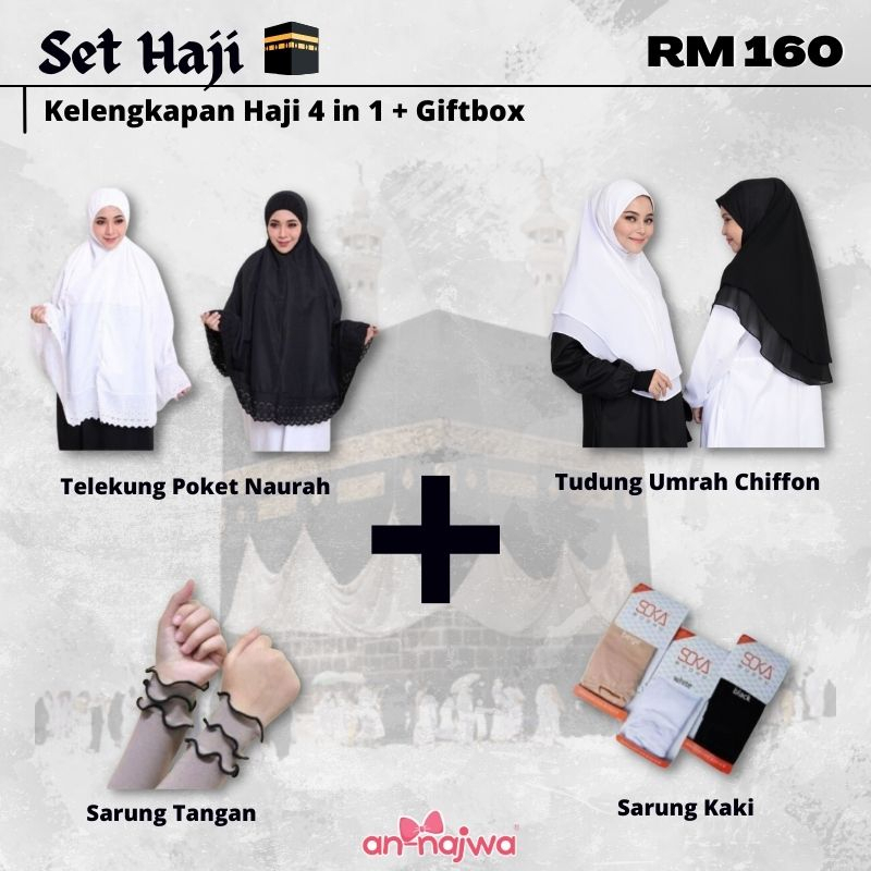 An-Najwa Set Haji Kit Telekung Berpoket Tudung Chiffon 2 Layer