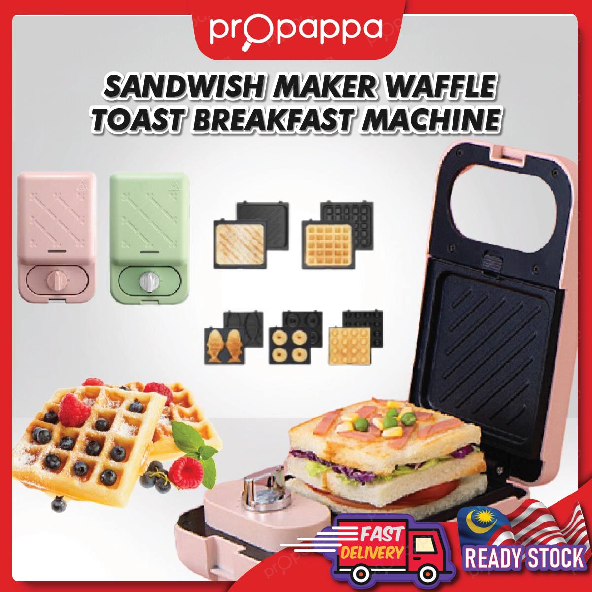 Propappa -  Sandwich Maker Waffle Toast Breakfast Machine Toaster Electric Timer ,Non Stick Pan Roti Bakar , 多功能面包机