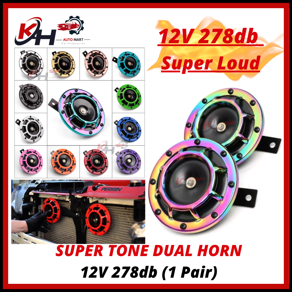 SUPER DUAL TONE HORN 278dB (1 Pair) Car Motorcycle 12V Loud Siren Universal Modified Kereta Titanium Rainbow Steel Besi