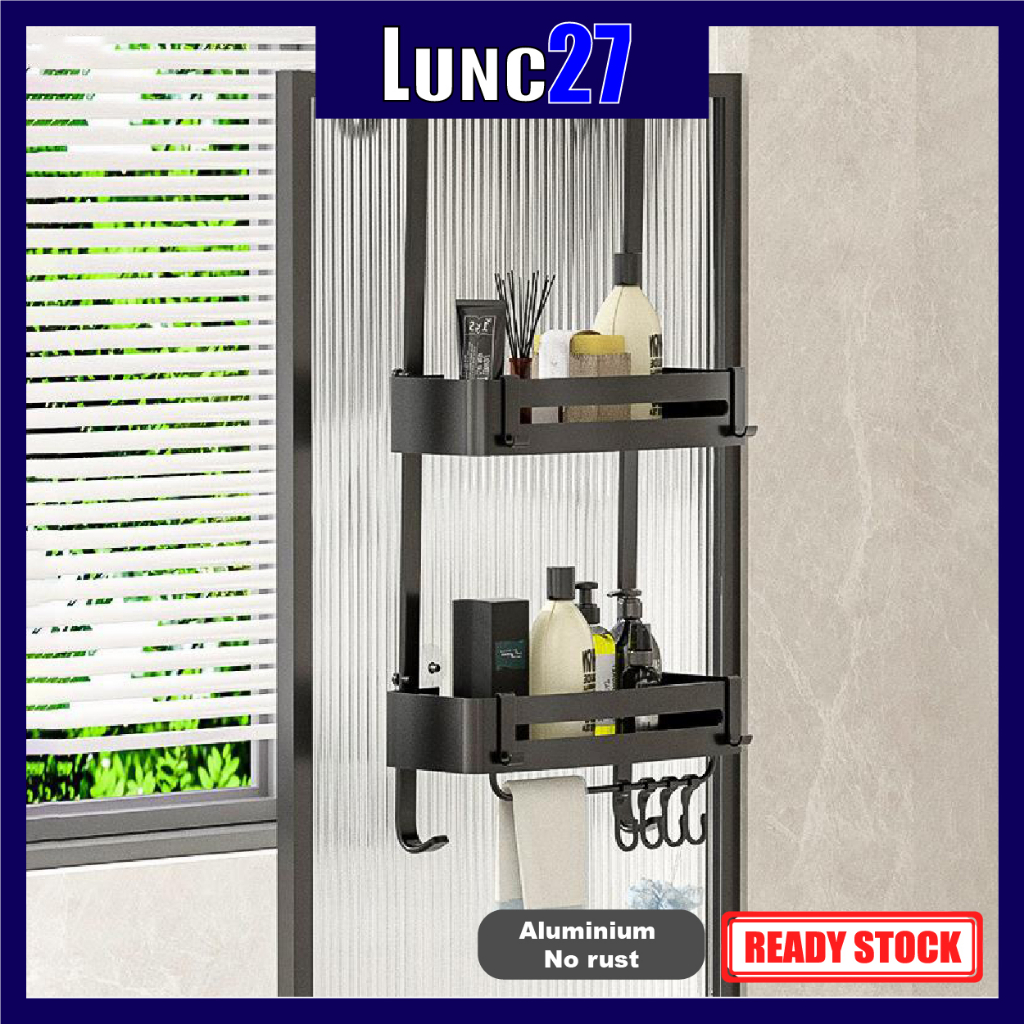 Aluminium Shower Room 2 tier Rack Bathroom Hanging Basket, Shower Caddy Hanging Shelf with Hooks