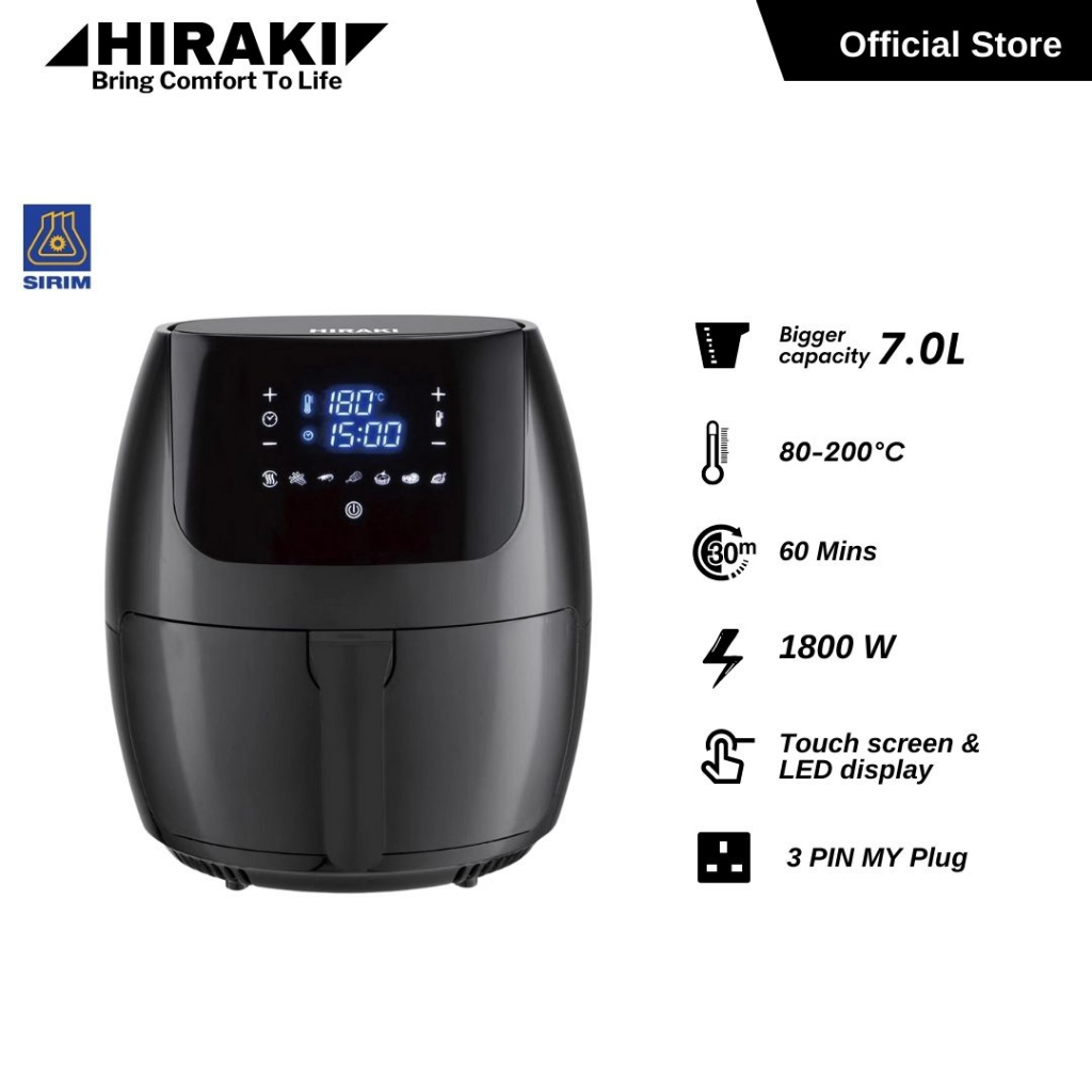 Hiraki Sirim Approved Safe Upgraded Digital Air Fryer Oil Free Automatic Electronic Single Pot 7.0l With 1800w Af20-680