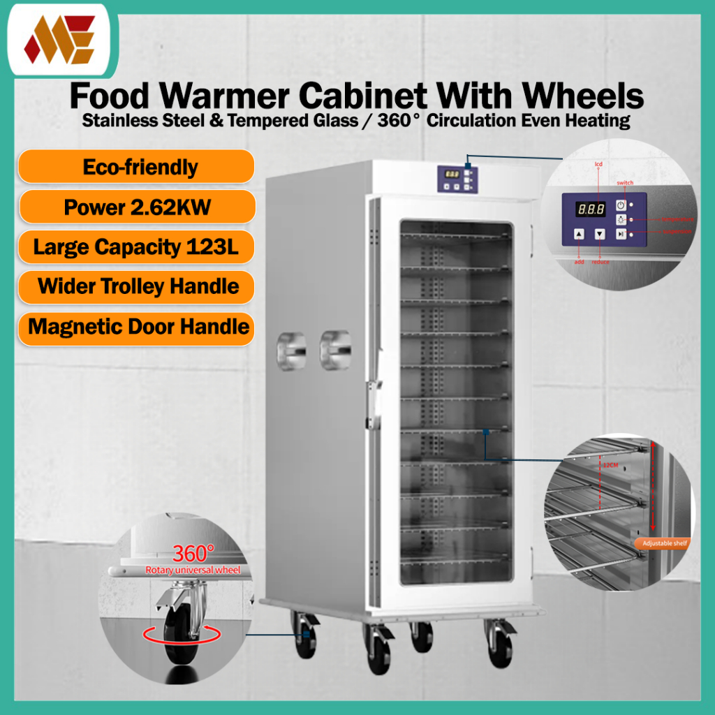 High Quality & Durable Electric Food Warmer Cabinet with Layer Stainless & Tempered Glass With Wheels / Food Storage