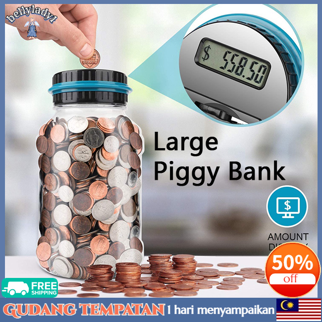 [Local]Large Piggy Bank Counter Coin Electronic Digital LCD Display Transparent Smart Counting Coin Dollar Money tabung duit Saving Box Random Color Can store 1000 coins tabung