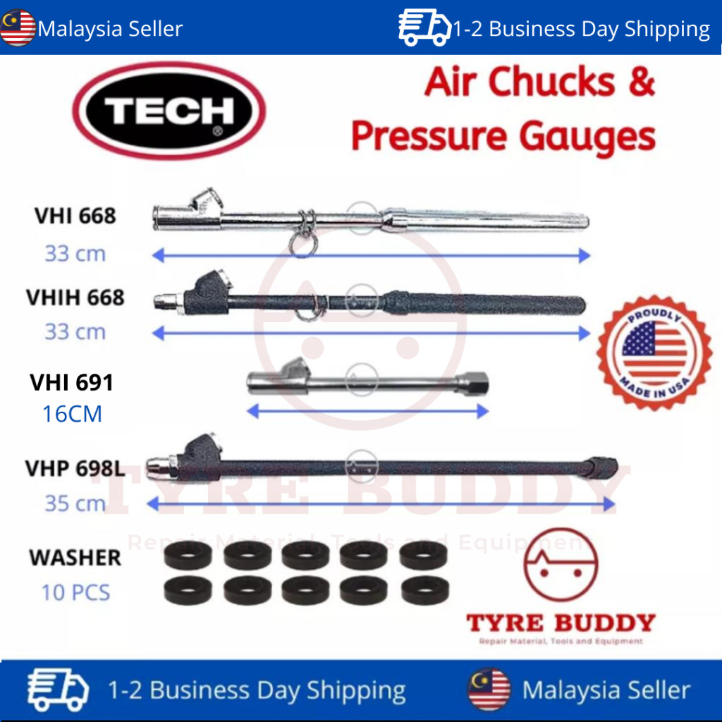 TECH Premium Air Chuck & Pressure Gauge (Made in USA); Heavy Duty Tayar Check Angin; Truck; Tractor; Bus; Passenger Tyre