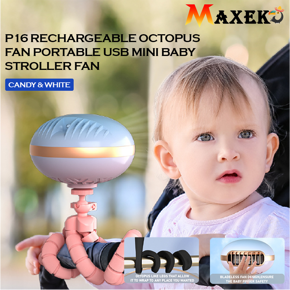 MAXEKO 🕊 P16 Kipas Octopus Boleh Dicas semula Portable USB Mini Kipas Stroller Bayi Boleh dicas semula Penyejuk Angin K