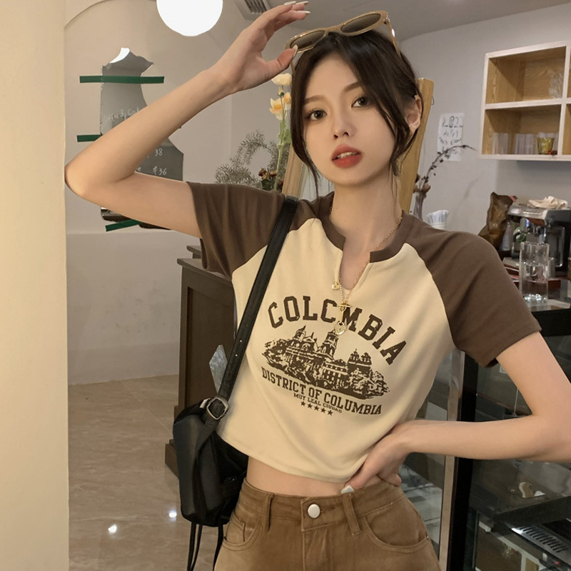 MOCHA Women Short Sleeve Crop Top Casual Print Short T-Shirt V Neck Sexy Baju Perempuan ST321