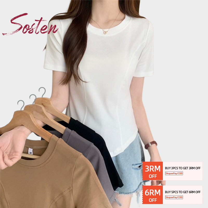 【NEW 2024】ST313 M-2XL Women Short Sleeve Round Neck Short T Shirt Korean Style Slim Fit Elastic Baju Perempuan
