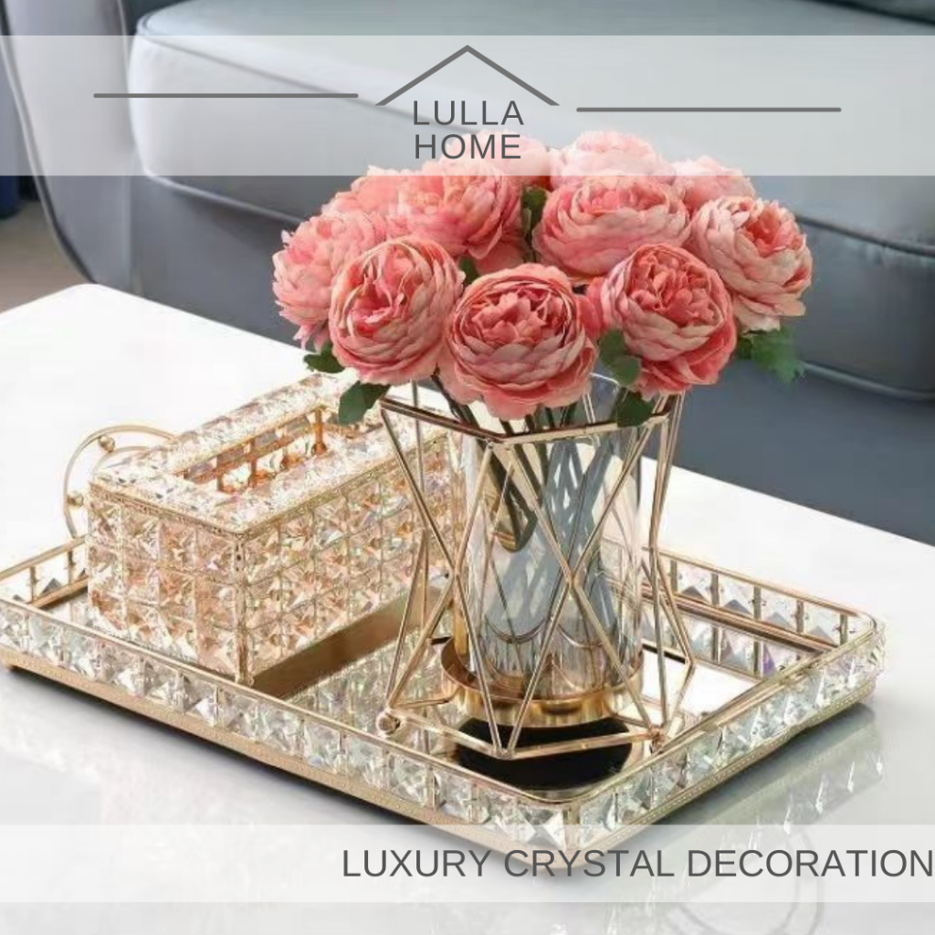 LullaHome Luxury Rectangular Crystal Tissue Box Decorative Facial Napkin Tissue Holder Vase Crystal Decorative Tray