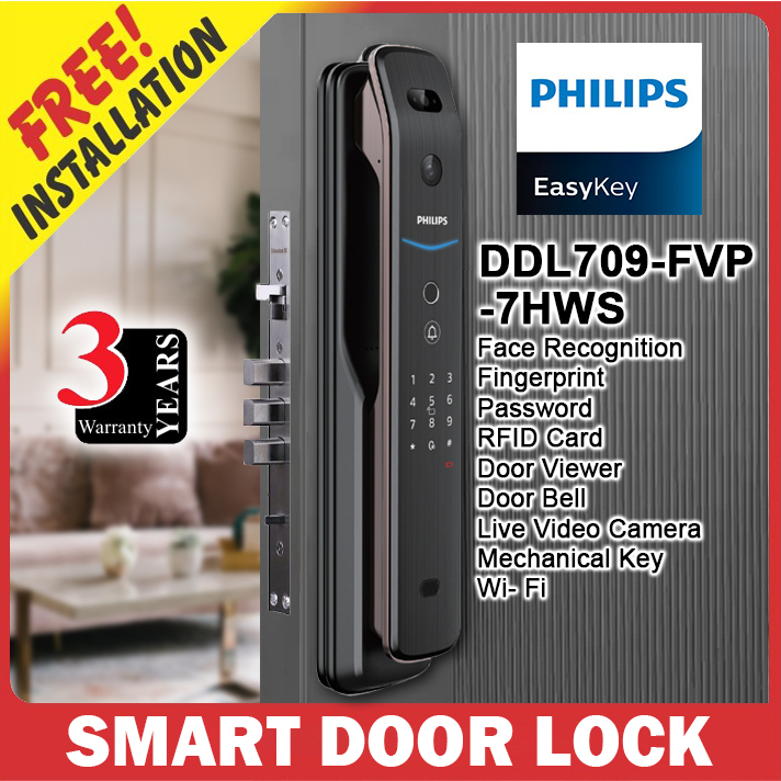 Philips Easykey DDL709-FVP-7HWS push-pull door lock Copper(FACE RECOGNITION) 709 FVP camera Door viewer fingerprint card