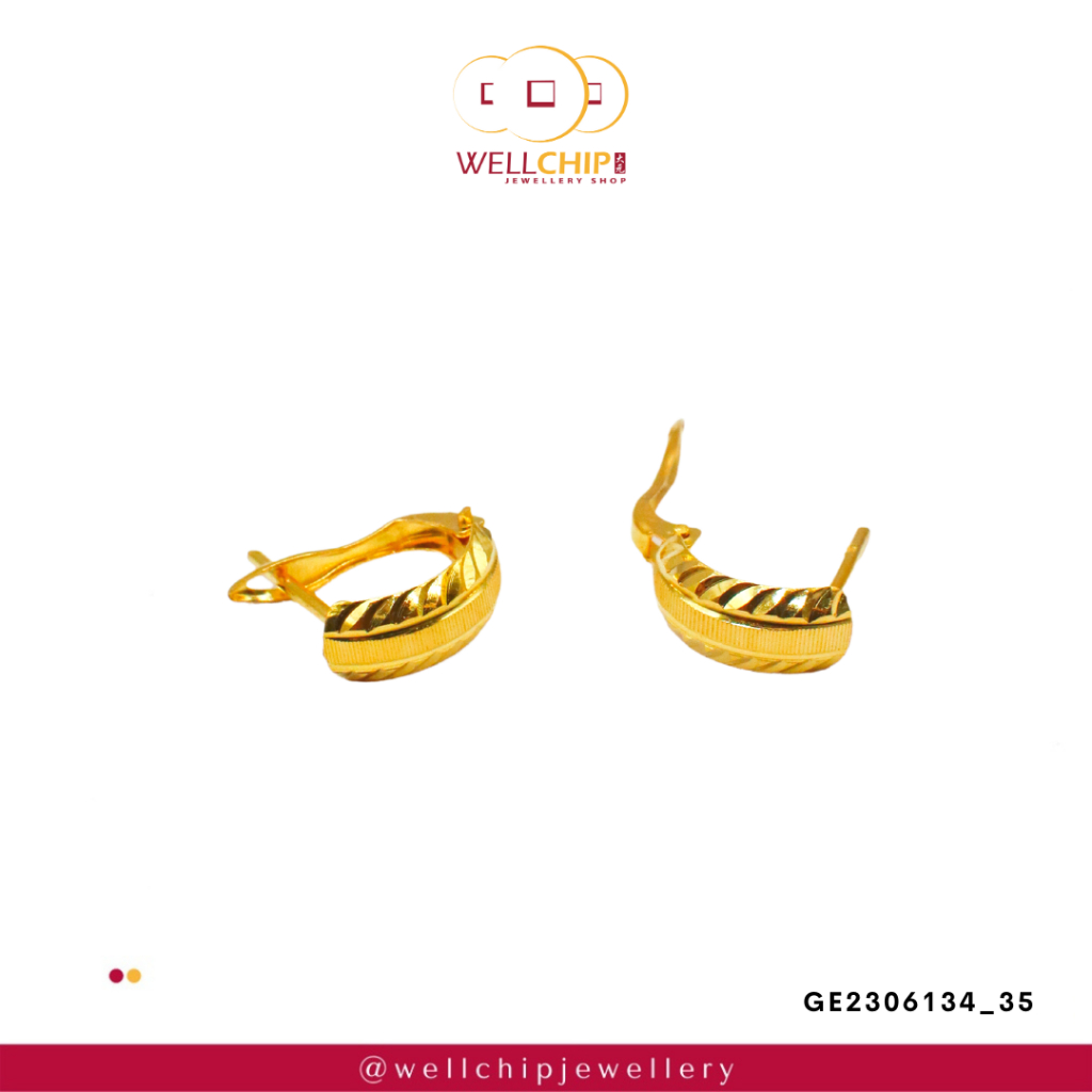 Subang Emas 916 OriginaI | Pattern Hoop 916 Gold Earrings | Emas 916 | Kedai Emas WELL CHIP