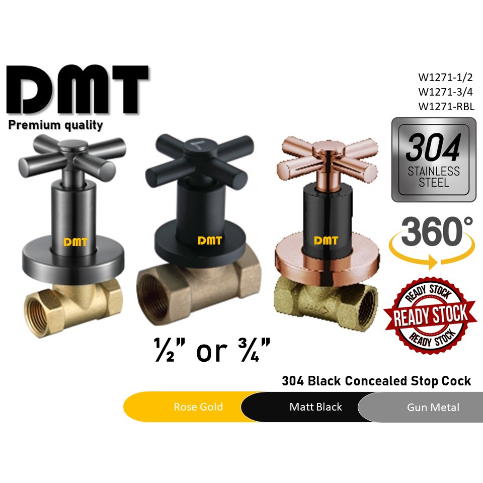 Gun Metal Grey / Black Rose Gold / Stopcock Stainless Steel Stop Valve Concealed Shower Paip Air Hitam 1/2" 3/4 6/8