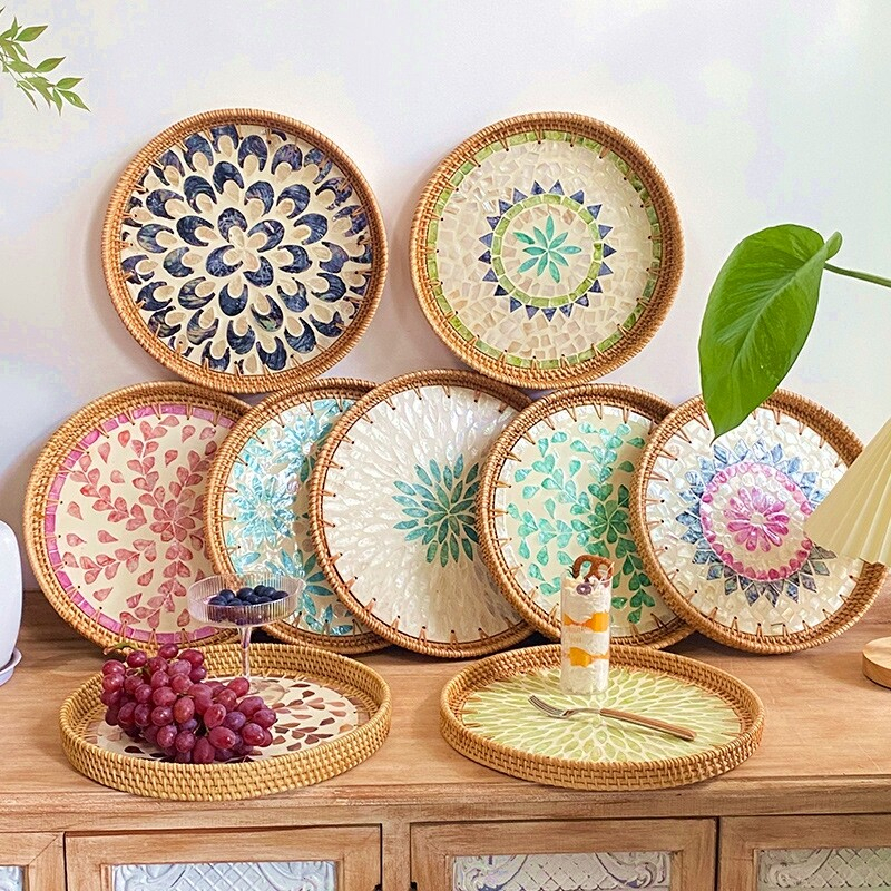 Mother Of Pearl Inlaid Rattan Decorative Tray Breakfast Food Basket Round Tray Coffee Table Decoration Storage Display