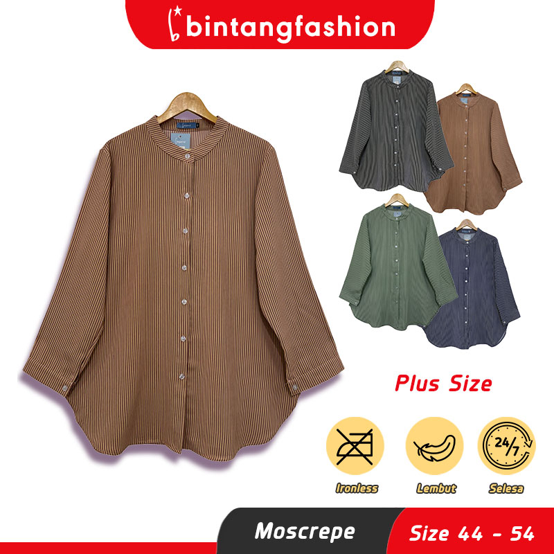 Bintang Fashion Blouse Kemeja Jalur Plus Size | Baju Kemeja Berkolar Labuh Saiz Besar | Lady Striped Shirt 44-54