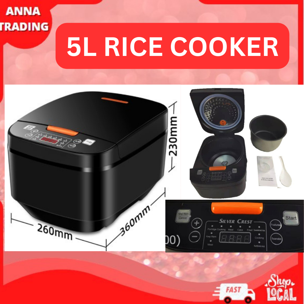 Silver Crest Multi-Function 5L Non-Stick Rice Cooker Steam, Cook, Braise, Keep Warm-English Version 900W-inner pot 2L