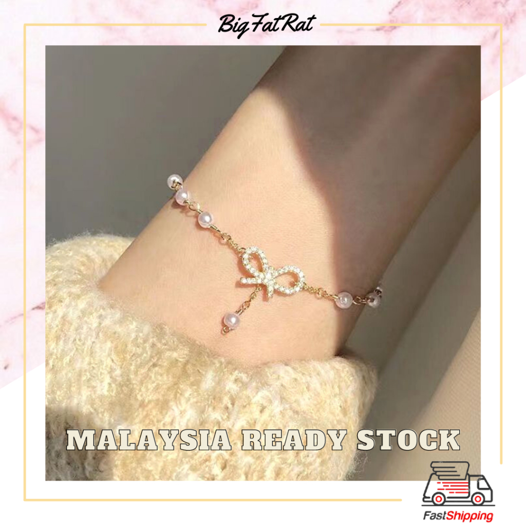 Ins Sweet Ribbon Pearl Diamond Gold Bracelet Women  甜美蝴蝶结珍珠镶钻金色手链女 Gelang Tangan Perempuan YWKX