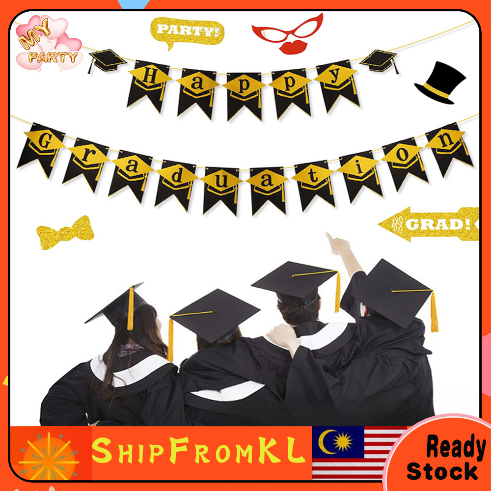 Happy Graduation Bunting 毕业快乐拉旗 Black+Gold Triangle Flag Glitter 无纺布毕业典礼装饰品 Party Banner Graduate