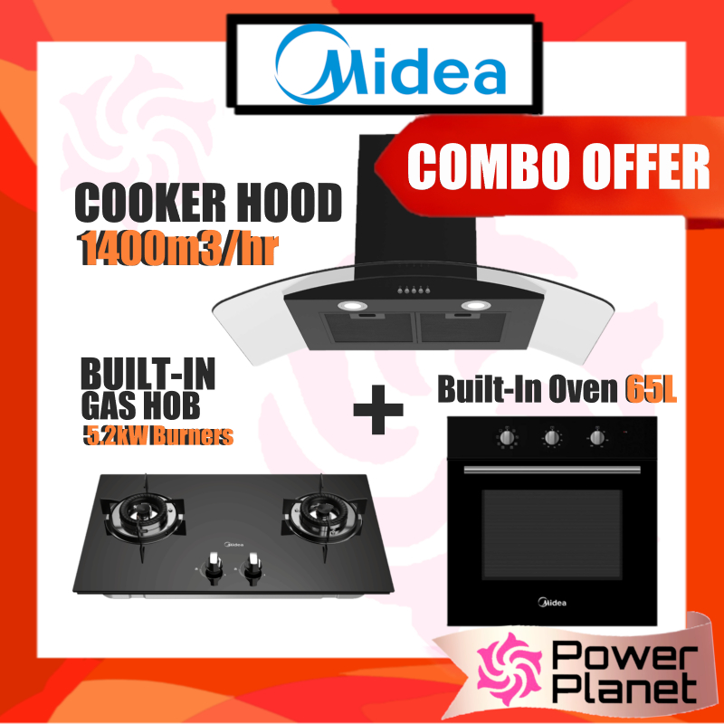 [COMBO OFFER  ]Midea MCH-90V71 Cooker Hood + Built in Gas Hob MGH-76Q60B + Built in Oven 65L MBO-M1865 ( Optional )