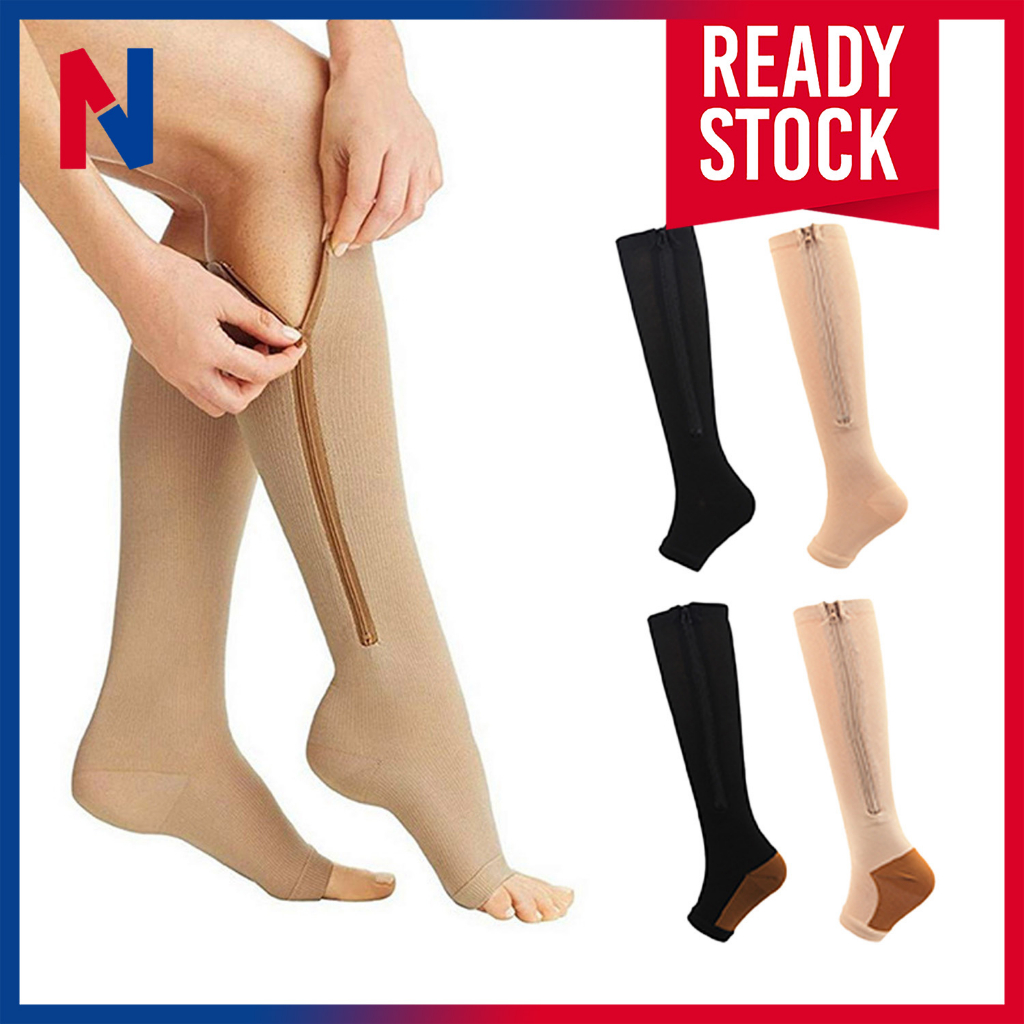 Zipper Compression Socks Open Toe | Stokin Tekanan Zip Lutut Varikos Sukan Kurang Letih Travel Unisex