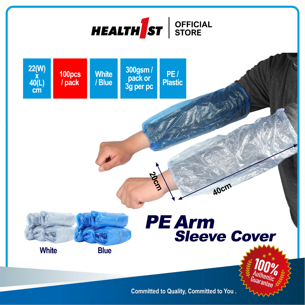Health1st PE Arm Sleeve Cover 3.0g 22x40cm Disposable 100pcs White/Blue
