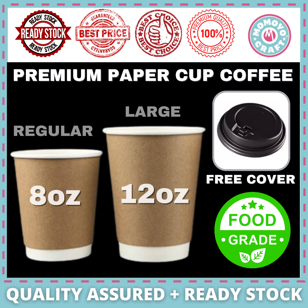 Momoyocraft Premium Paper Cup Coffee Cup With Lid Disposable Party Cup Cawan Kertas Takeaway Hot Drink 纸杯 8oz 12oz 1pcs