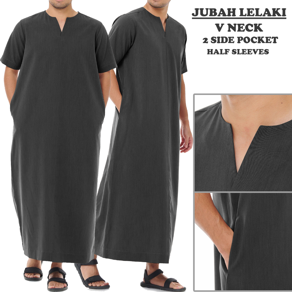 Mens Dress Saudi Color Thobe Robe Jubbah Luxury Raya / Imam Jubba Mens / V Neck / Half Sleeves Jubah Lelaki