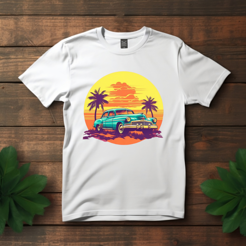 Premium Cotton Classic Car t-shirt, Vintage Sunset Retro Automotive Apparel Tshirt, Beach wear Tee Shirt, Holiday tshirt