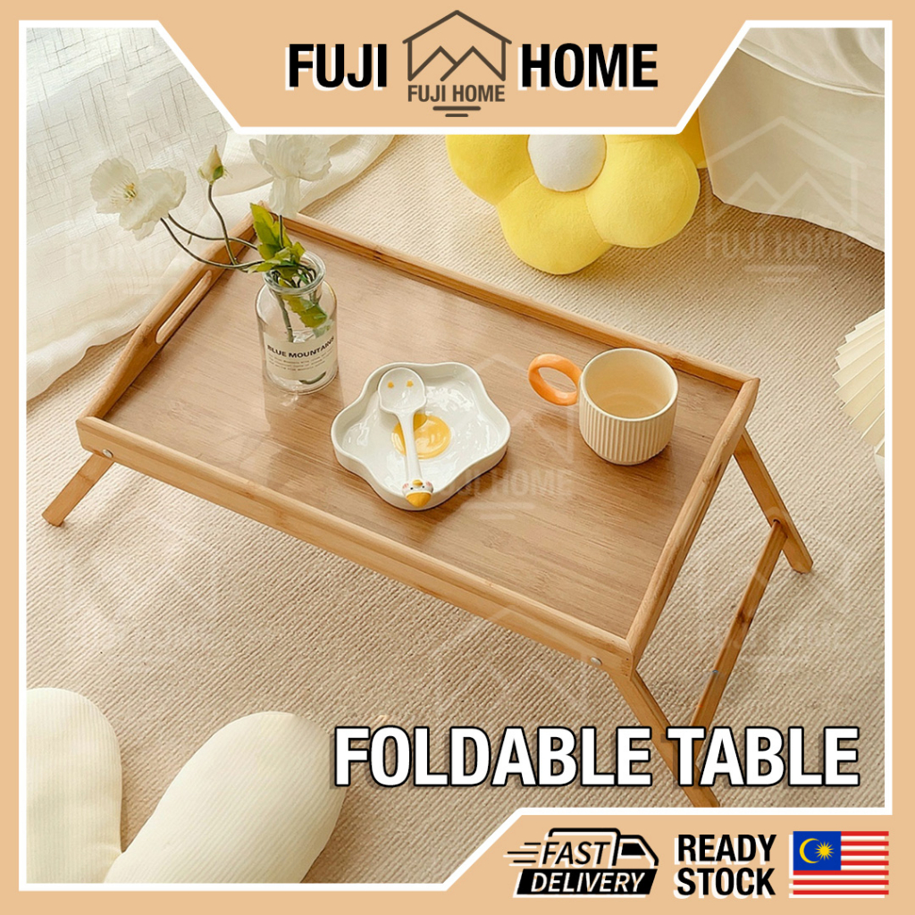 READY STOCKWooden Foldable Table Study Table Laptop Table Portable Breakfast Bed Table Tray Meja Bamboo Bed Table