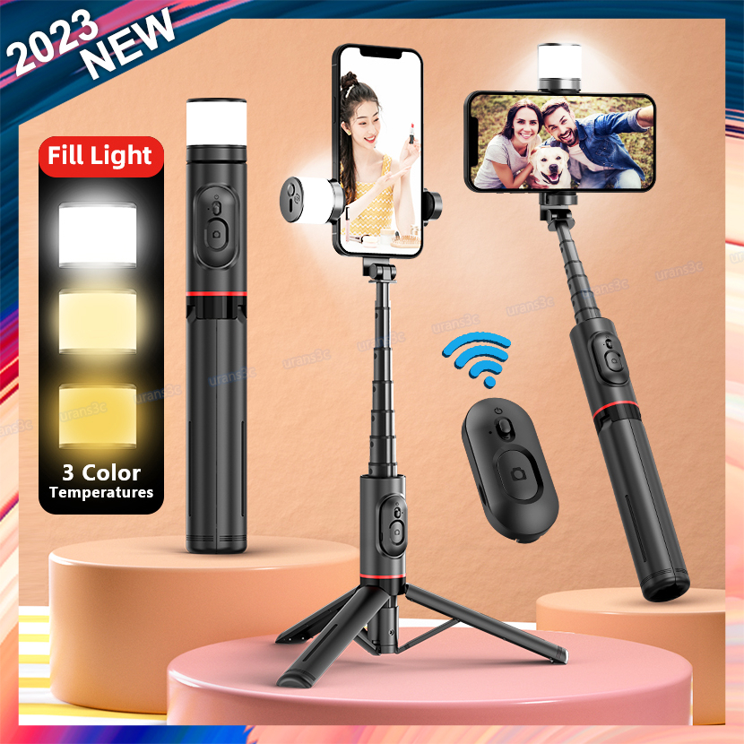 2024 NEW Q12S Portable Wireless Bluetooth Phone Telescopic Selfie Stick Tripod With Fill Light for Huawei iPhone Android