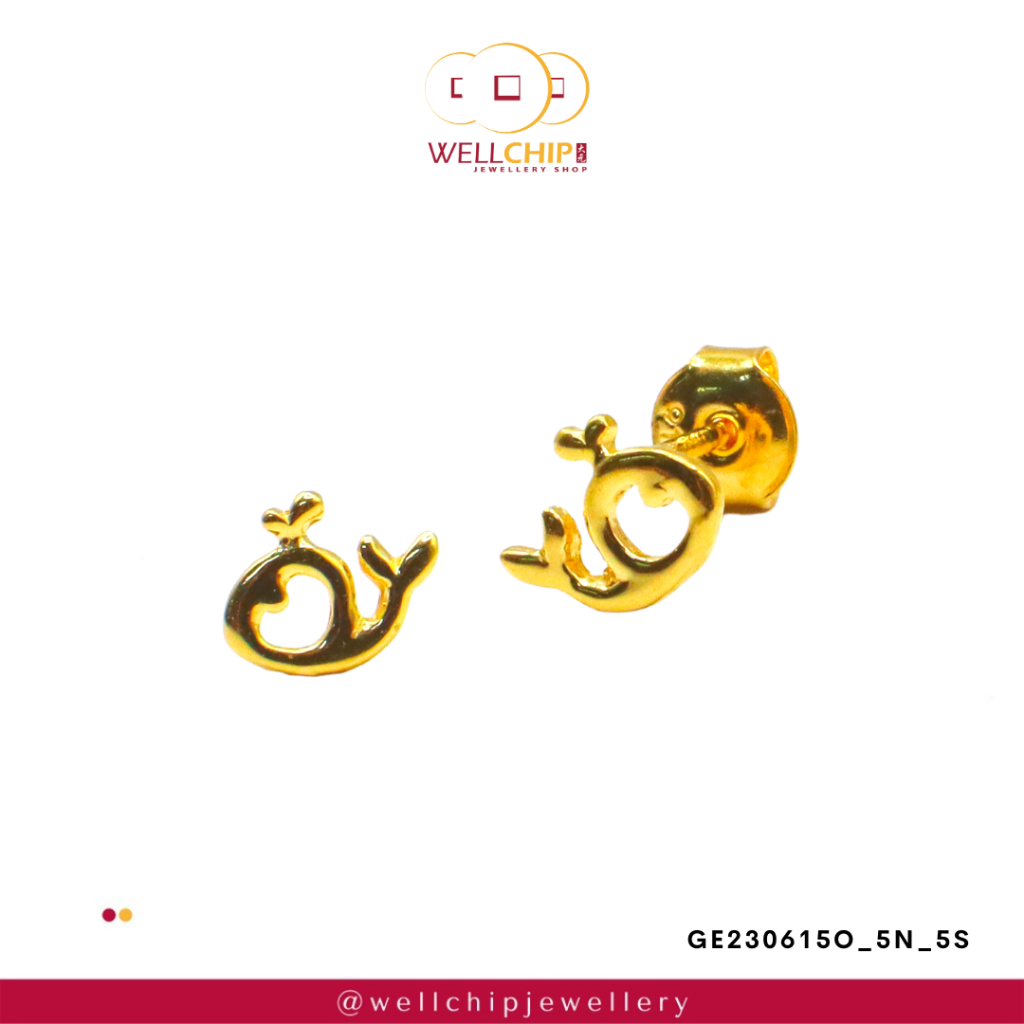 Anting Kancing Ikan Paus Emas 916 | Whale 916 Gold Stud Earrings | Emas 916 | Kedai Emas WELL CHIP