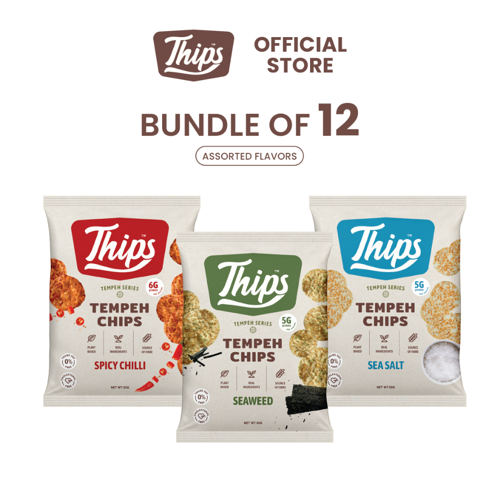 (Bundle of 12) Thips Variety Tempeh Chips (12 x 50g) Halal- 100% Tempe, Vegan, Soybean Chips, Plant-based, Protein Chips