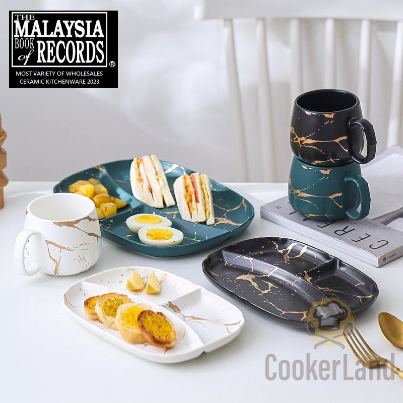 Ready Stock Marble Matte Nordic Gold Ceramic Tableware Breakfast Series Plate Coffee Oat Cup Mug Bowl Wooden Tea