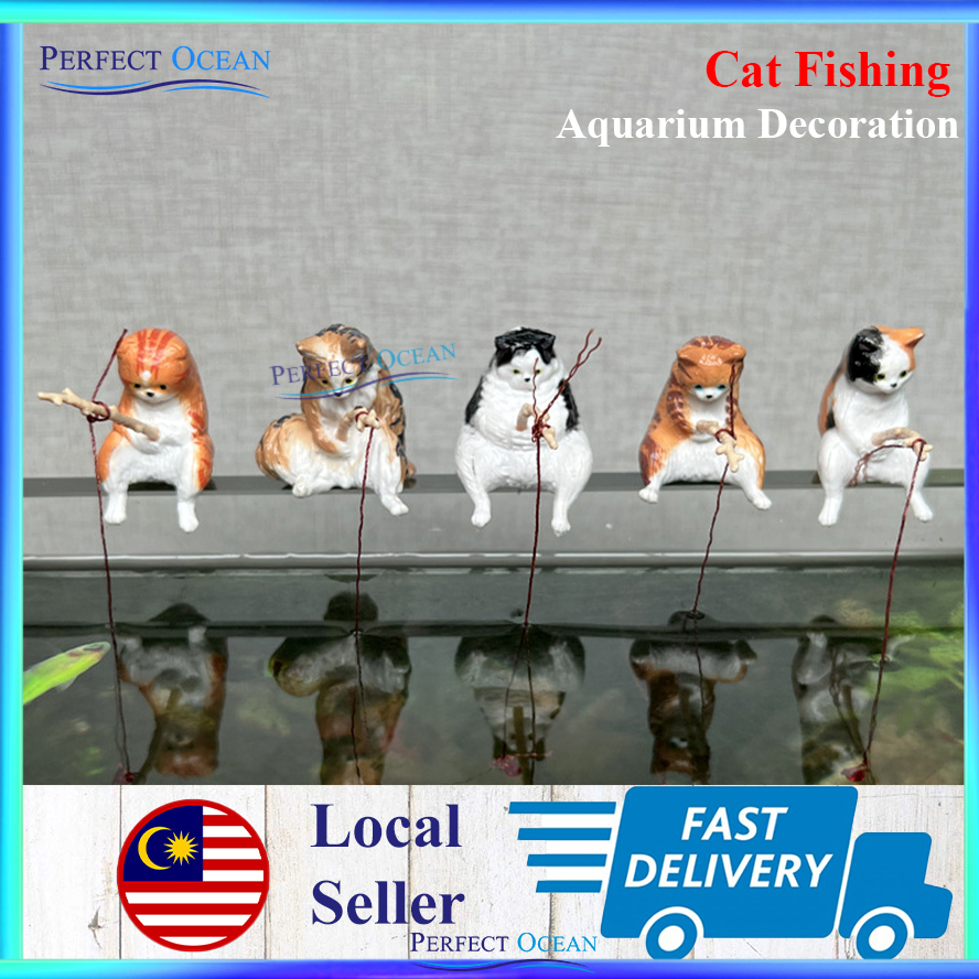 Cat Fishing Aquarium Decoration Resin Hiasan Dekorasi Akuatik Tank Landscape Ornaments READY STOCK | Perfect Ocean